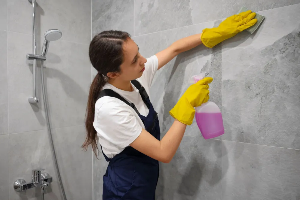 Huishoudhulp maakt een wand schoon tijdens huishoudelijke hulp aan huis via MijnHuishoudhulp.be in Oost-Vlaanderen.